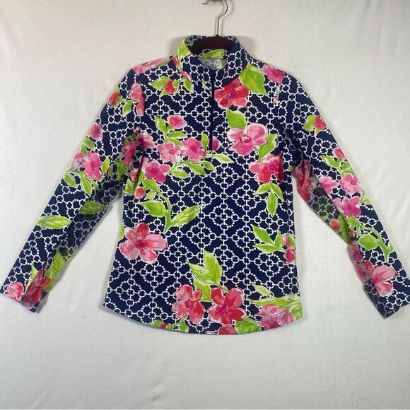 IBKUL 1/4 Zip Long Sleeve Mock Neck Blue/White and Floral Top Size Small - Picture 1 of 10